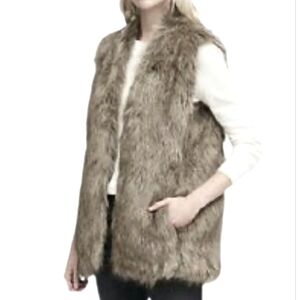 Banana Republic gray taupe faux mink fur collarless open front longer vest S